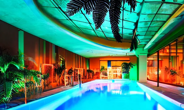 Image similar to indoor pool with ferns and palm trees at night, shops, pool tubes, chromatic abberation, dramatic lighting, depth of field, 80s photo