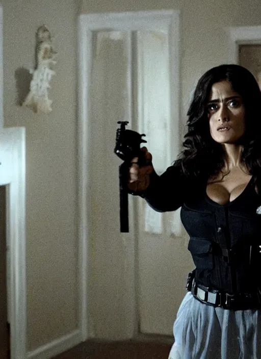 Prompt: film still of salma hayek in a haunted house, ghostly figures surrounding her, revealing cop uniform, 4k