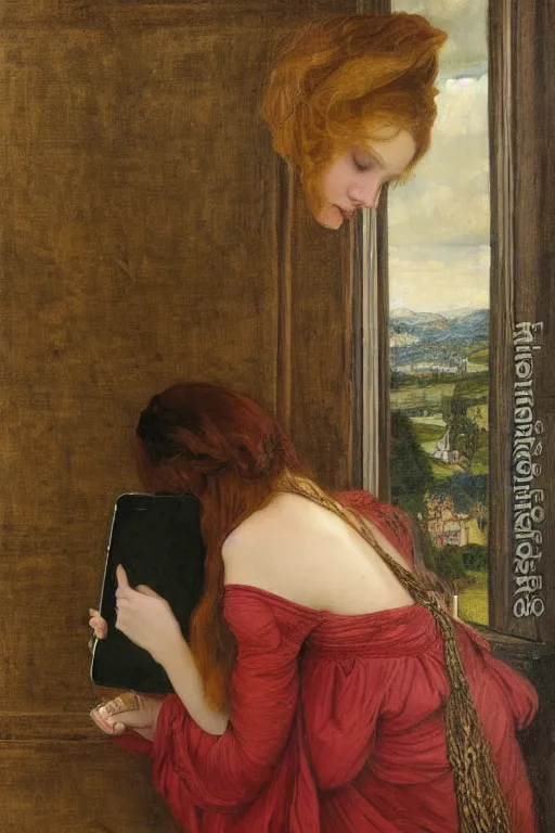 Prompt: a pre raphaelite painting of jessica chastain lazily looking at her iphone by dante gabriel rossett