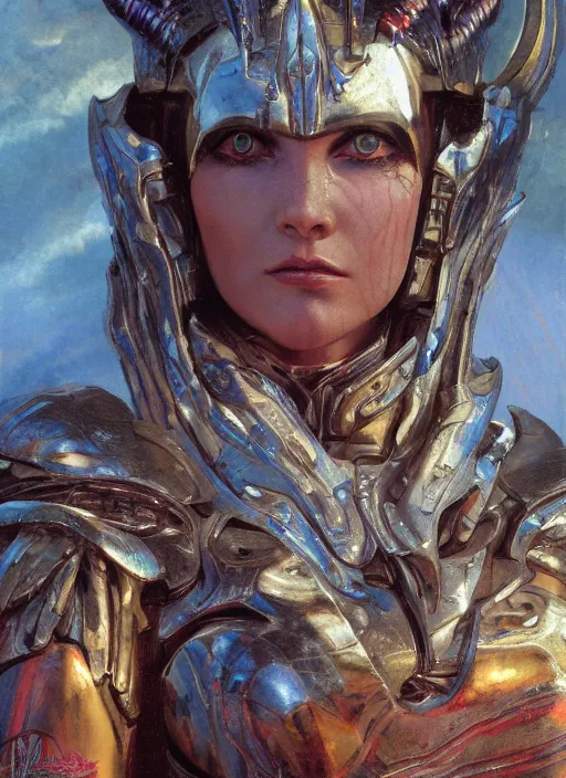 Prompt: biblical diabolical beautiful female valkyree android, shiny plastic armor, jump, heavy eyes to the side, closeup, bright glowing veins, in clouds, rain, sunset, portrait, by gerald brom, by mikhail vrubel, by peter elson, muted colors, extreme detail, reflections, trending on artstation, 8 k