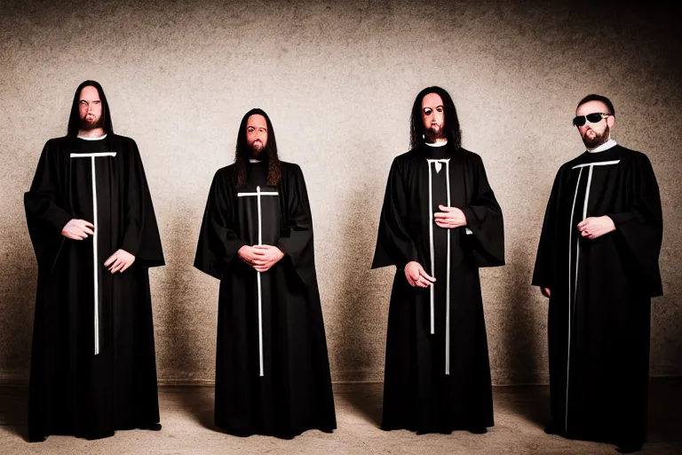 Image similar to a christian religious black that studies theology and arr becoming priests, band photo of a metal band playing christian black metal, stage outfits, cinematic, elegant, professional studio light, real dlsr photography, sharp focus, 4 k, ultra hd, sense of awe, high fashion