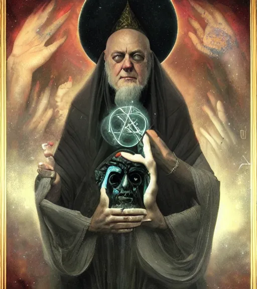 Prompt: A Magical Portrait of Aleister Crowley and the Great Mage of Thelema, art by Tom Bagshaw and Manuel Sanjulian and Franz Xaver Kosler