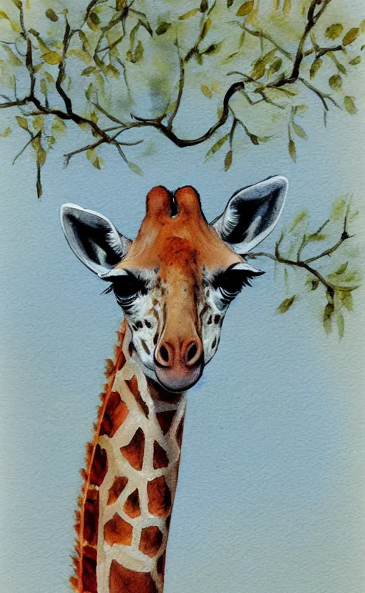 Prompt: pastell colored aquarell painting of a giraffe, some light branches hanging from above, white background