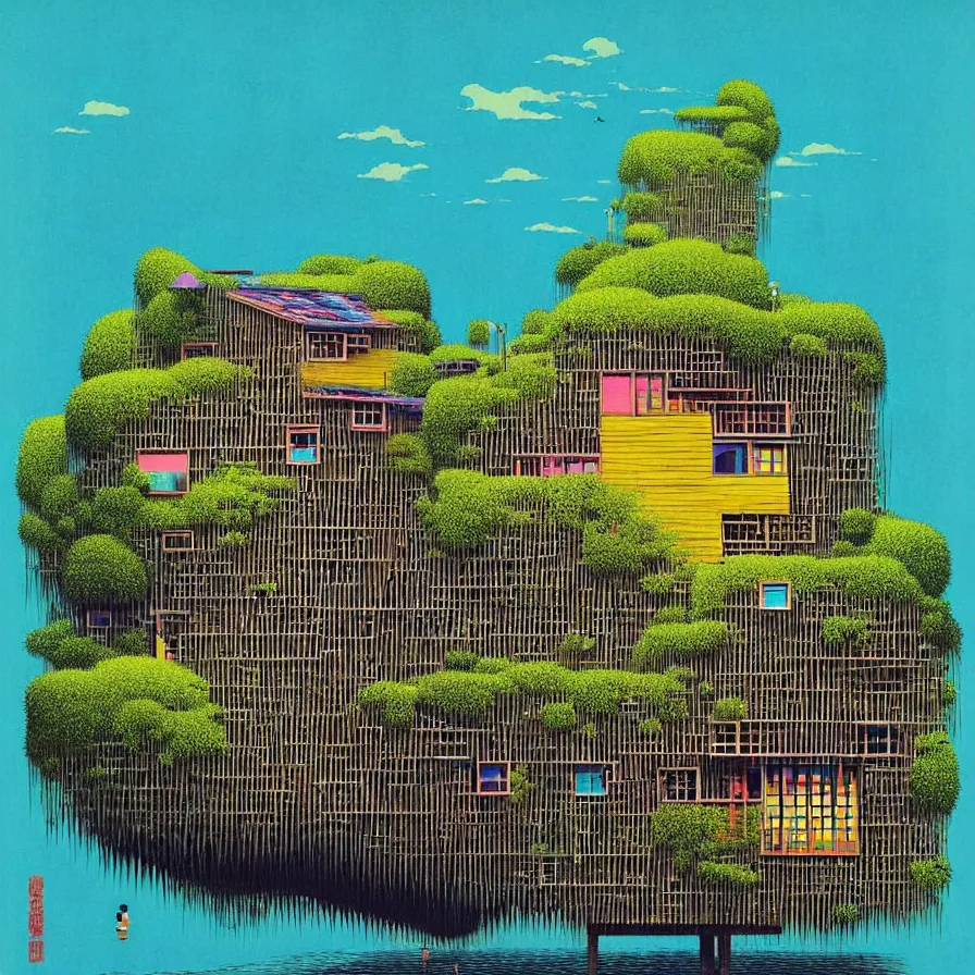 Image similar to surreal glimpse into other universe, a house by kengo kuma on an island, summer morning, very coherent and colorful high contrast, art by!!!! gediminas pranckevicius!!!!, geof darrow, floralpunk screen printing woodblock, dark shadows, hard lighting, stipple brush technique,