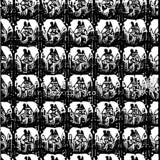 Prompt: an intricate tiled pattern of cats and dogs by mc escher, black and white painting