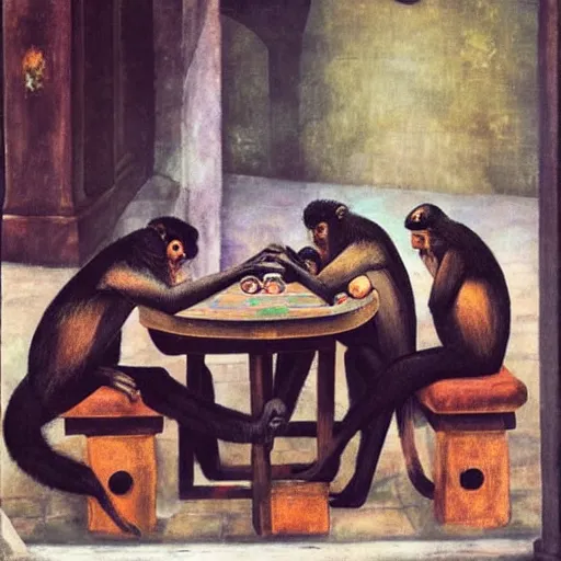 Image similar to a beautiful street art of a group of monkeys playing backgammon. the monkeys are seated around a table, with some of them appearing to be deep in concentration while others appear to be playing more casually. by philip wilson steer, by francesca woodman, by frida kahlo serene, sad
