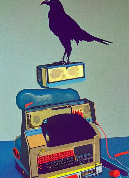 Prompt: a raven digging through 8 0 s era technology, vintage shapes, retro technology, happy color, wayne barlow, oil on canvas, deep depth of field, masterpiece, cinematic composition, hyperdetailed