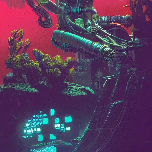 Prompt: cyberpunk diver exploring a vibrant alien reef, Industrial Scifi, detailed illustration, Chiaroscuro, concept art, by Martin Grip and Moebius
