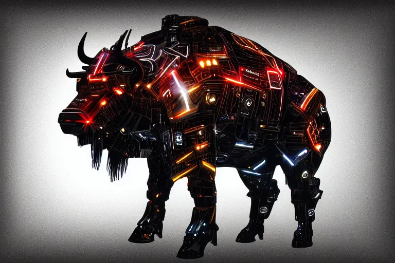 Image similar to a cybertronic bison, leds, high detail, sharp, studio, digital art