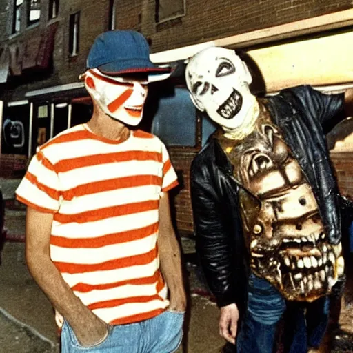 Prompt: photo of freddie krueger and michael myers smoking weed in the bronx circa 1 9 7 8