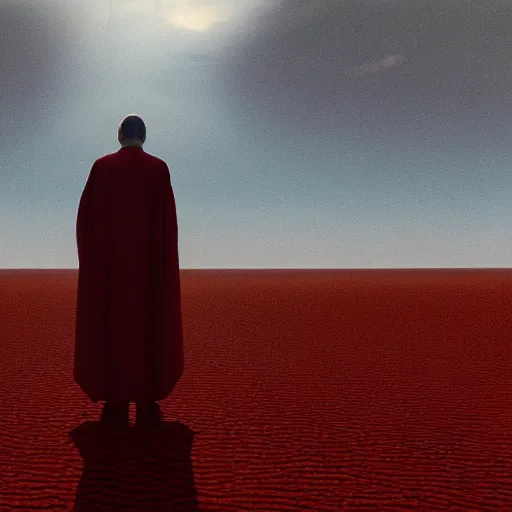 Image similar to an evil priest wearing red robes walking in a desert, sunny weather, gerhard richter, rendered in octane, realistic, 8 k, vivid, intricate, detailed