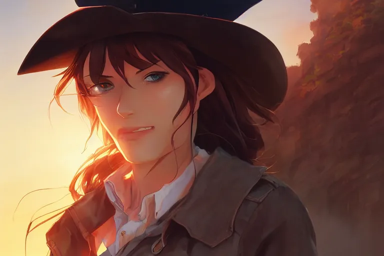 Image similar to western cowgirl, single centered subject, scenic full shot, ambient lighting, detailed face, by makoto shinkai, stanley artgerm lau, wlop, rossdraws