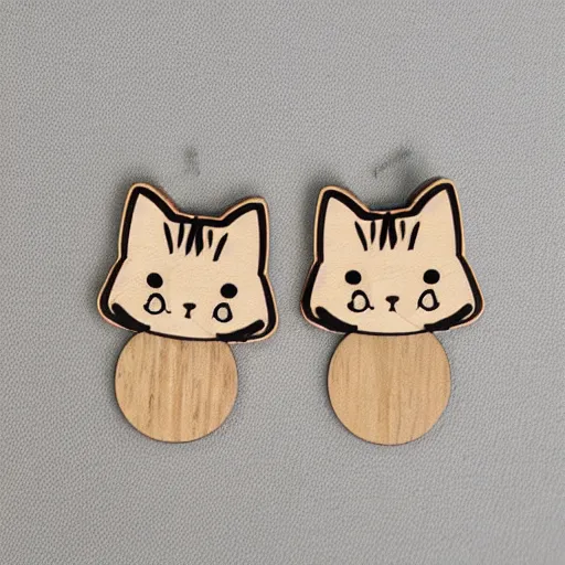 Prompt: 2d laser cut wood earrings flat of snarky cartoon cat