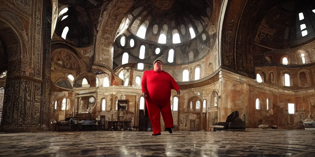 Prompt: ultra wide shot full body photograph of an obese donald trump, dressed as baron vladimir harkonnen from dune, using his anti gravity belt to float around the interior of the hagia sophia, cinematic, futuristic