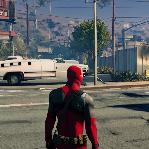 Prompt: deadpool in gta 5 4 k detailed super realistic