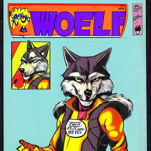 Image similar to 1 9 8 0 s comic book cover scan featuring a portrait of villain male wolf o'donnell anthropomorphic wolf furry fursona from starfox wearing a dark space mercenary uniform, dark grey wolf, handsome eyes, wolf o'donnell