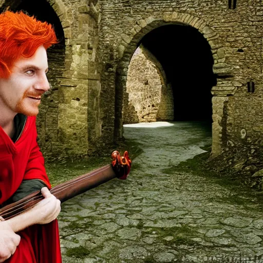 Prompt: man with fire - red hair, mischievous expression, bright green eyes, green cloak, holding a lute, small medieval village in the background, hyperrealism, annie liebovitz photography, 8 k