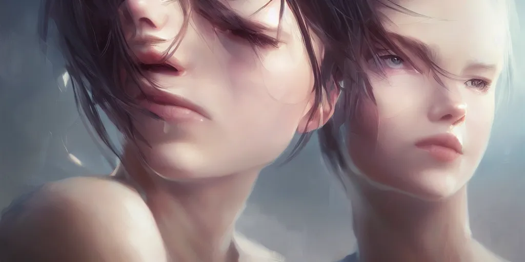 Image similar to young woman, somber white eyes, gentle lighting, personal quarters, digital art by Makoto Shinkai ilya kuvshinov and Wojtek Fus, digital art, concept art,