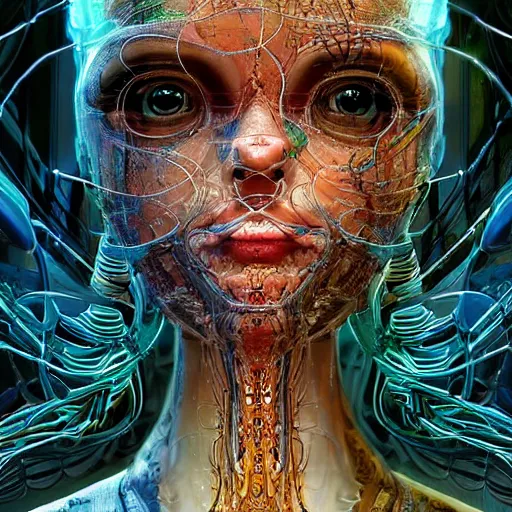 Image similar to beautifully stunning biopunk woman_integrating_with_technology_full_face_insipiring_detailed_intricate_ornate_cables_connected_to_head_big_open_electric_eyes_ the_singulairty is now rendered in unreal by android jones