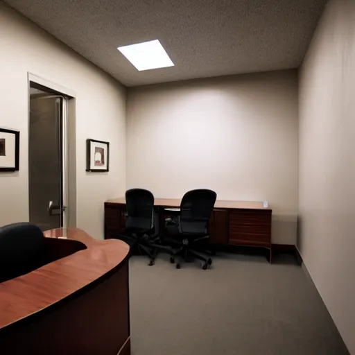 Image similar to backrooms office space, ominous lighting, moldy walls