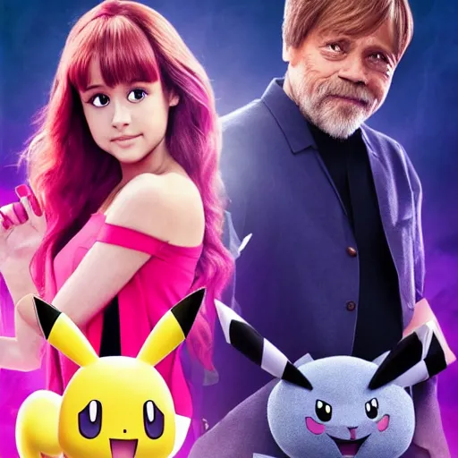 Prompt: a live action Pokemon movie poster featuring Ariana Grande and Mark Hamill