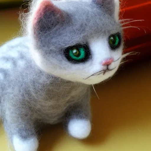 Prompt: photo of an intricately detailed representation of a accurate kitten made out of needle felt.