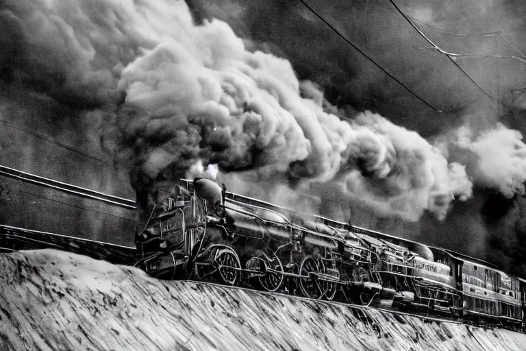 Image similar to black and white photograph of snowpiercer thundering down the rails at high speed, black smoke coming from the locomotive, cinematic, volumetric light, f 6 aperture, cinematic eastman 5 3 8 4 film