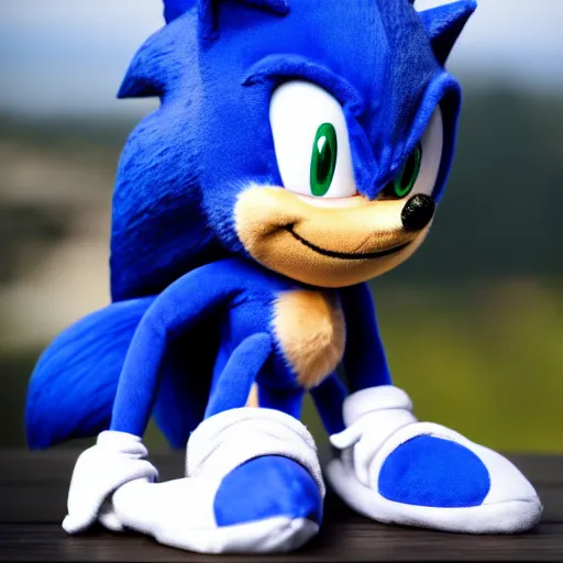 Image similar to Plush doll of Sonic the Hedgehog sitting in Vancouver during the morning, 8K, cute, looks soft, high quality, HD resolution