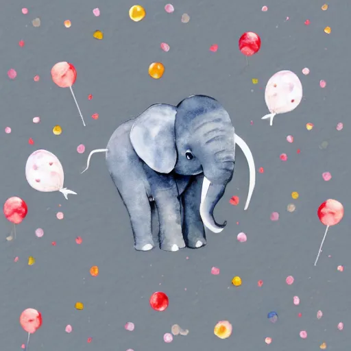 Image similar to watercolor gray baby elephant with trunk up in air and confetti flying in air, white background, blank background