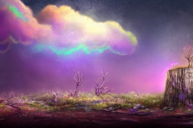 Prompt: an iridescent cloud coming out from a lone well near an old wood cottage in a desolate wasteland full of strange vegetation. detailed nocturnal scene, soft light, sharp focus, intricate, trending artstayion, digital art