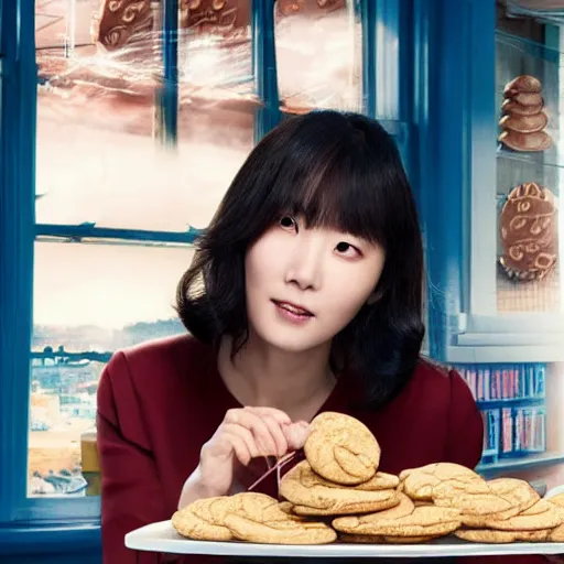 Prompt: doona bae in a commercial film for lorna doone cookies, promotional image, high quality, studio lighting,