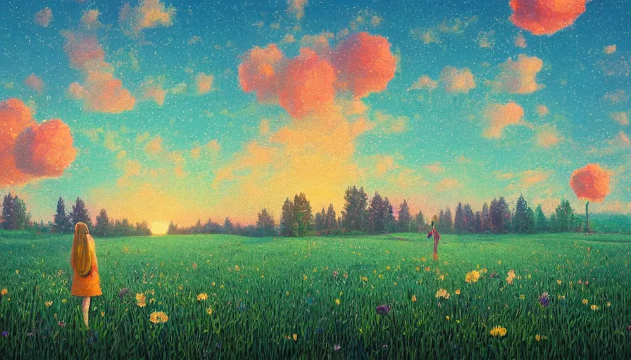 Image similar to girl with a flower face, surreal photography, dream, standing in flower field, hills, big trees, sunrise dramatic light, impressionist painting, colorful clouds and birds in sky, digital painting, pointillism, artstation, simon stalenhag