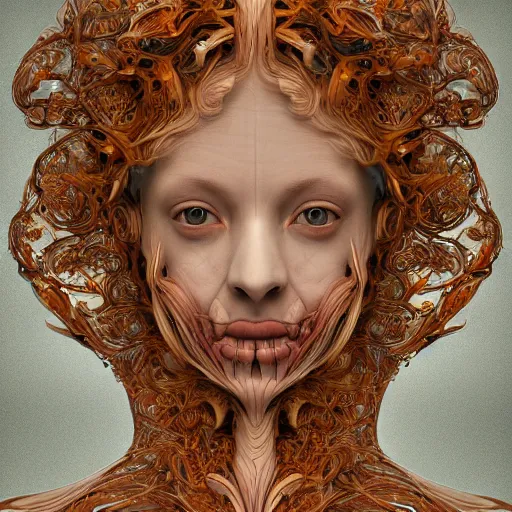 Image similar to beatifull frontal face portrait of a woman, 150 mm, anatomical, flesh, flowers, mandelbrot fractal, facial muscles, veins, arteries, intricate, golden ratio, full frame, microscopic, elegant, highly detailed, ornate, ornament, sculpture, elegant , luxury, beautifully lit, ray trace, octane render in the style of peter Gric , alex grey and Romero Ressendi