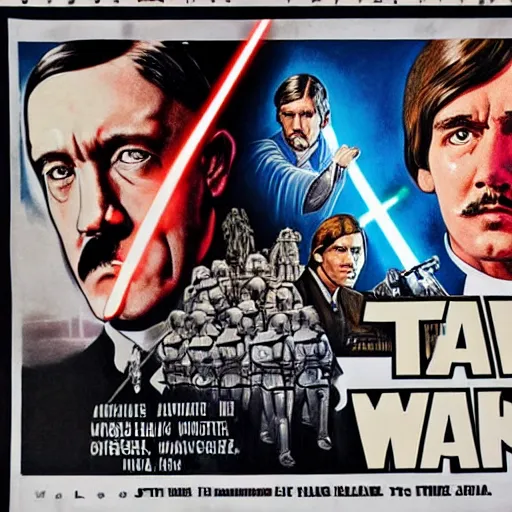 Prompt: detailed star wars movie poster with adolf hitler and lord rothchild