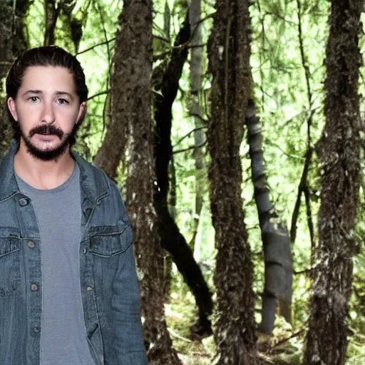 Prompt: you are in a forest, you see shia labeouf, badly hiding behind a tree looking at you at lest 6 feet away