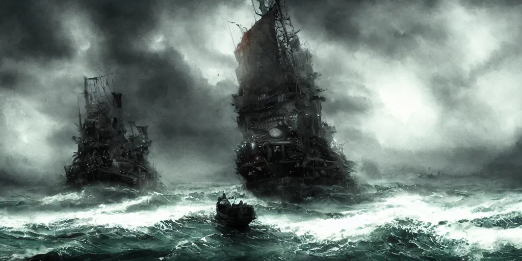 Prompt: Dark surreal ships on wild ocean, watercolor, dramatic lighting, cinematic, establishing shot, extremely high detail, foto realistic, cinematic lighting, digital art, vector, by Yoshitaka Amano, Ruan Jia, Kentaro Miura, Artgerm, post processed, concept art, artstation, matte painting, style by eddie mendoza, raphael lacoste, alex ross