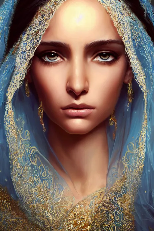 Image similar to tanned Ameera al-Taweel, bright blue eyes, long wavy black hair, simple white veil, closeup, focus face, elegant, highly detailed, centered, oil painting, artstation, concept art by tom bagshaw