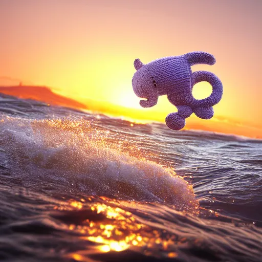 Image similar to a closeup photorealistic photograph of a cute smiling knitted tiger hippopotamus chasing a beachball at sunset. surf in the background. professional capture. this 4 k hd image is trending on artstation, featured on behance, well - rendered, extra crisp, features intricate detail, epic composition and the style of unreal engine.