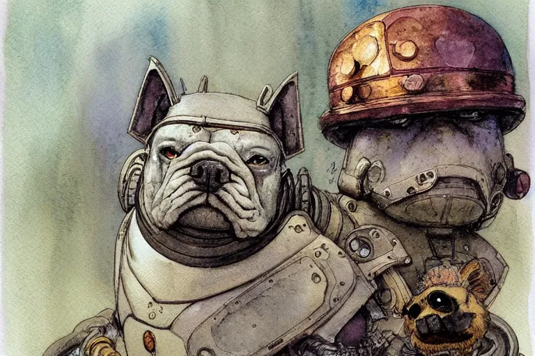 Image similar to a simple and atmospheric watercolour fantasy character concept art portrait of a mechanized android bulldog as a druidic warrior wizard looking at the camera with an intelligent gaze, very muted colors, by rebecca guay, michael kaluta, charles vess and jean moebius giraud