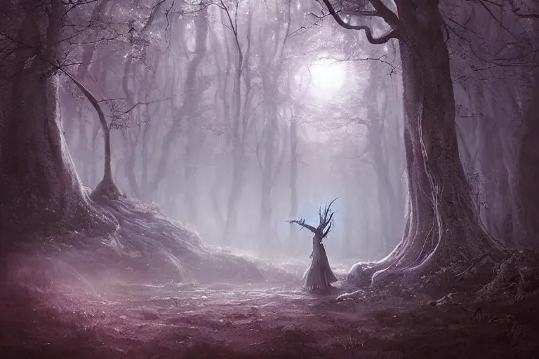 Prompt: an old elven wood, a view to an eerie fantasy world, portal to new york ethereal back light, mist, coherent composition, detailed fantasy painting by artgerm