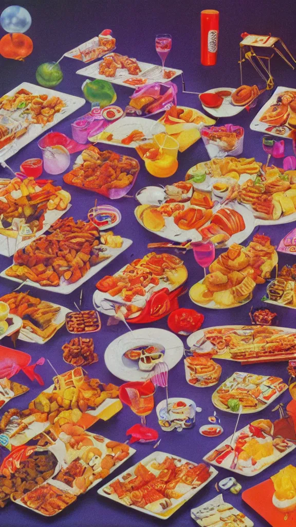 Prompt: 1 9 8 0 s airbrush surrealism illustration of a spread of party food, by ryo ohshita