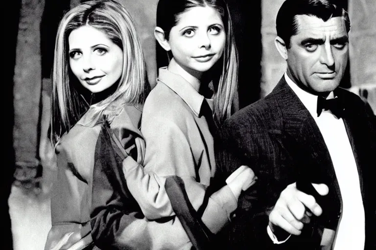 Image similar to cary grant as giles in buffy the vampire slayer, along side sarah michelle gellar 1 9 9 8