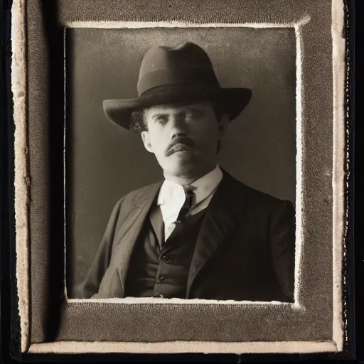Prompt: close up photo portrait of a 19th male detective in brimmed hat by Diane Arbus and Louis Daguerre