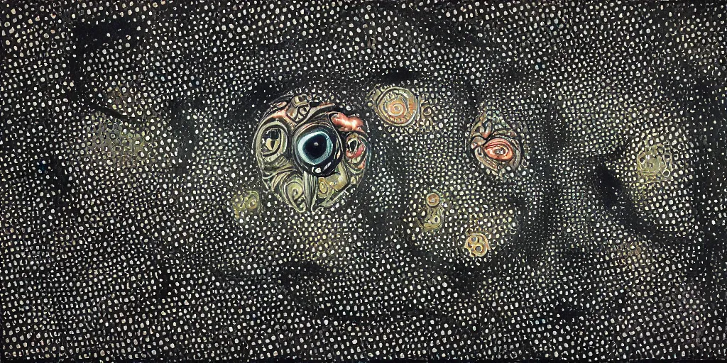 Image similar to camo made of eyes, technical, acrylic, teeth, eerie, tribal, clay, dotting, lines, stipple, points, cybernetic, style of old painting, francis bacon art, swirly eyes, hypnosis, eerie, terror, oil, neon, black and white, splotches, colorful dots, ominous,