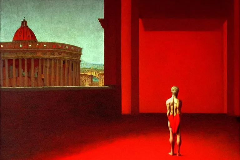 Image similar to only with red, caesar after war, a red tiger, in hoc signo vinces, rome in background, an ancient path, in the style of beksinski, part by hopper, part by rodcenko, part by hofbauer, intricate composition, red by caravaggio, insanely quality, highly detailed, masterpiece, red light, artstation