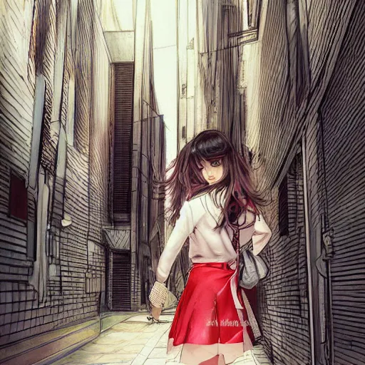 Image similar to a perfect, realistic professional digital sketch of a Japanese schoolgirl posing in a sci-fi alleyway, style of Marvel and DC, full length, by pen and watercolor, by a professional American senior artist on ArtStation, a high-quality hollywood-style sketch, on high-quality paper