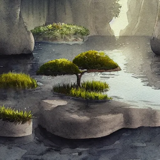 Image similar to beautiful natural scene filled with happy picturesque charming organic sci - fi pod homes. water, trees and rocks. beautiful light. grainy and rough. soft colour scheme. beautiful artistic detailed watercolor by lurid. ( 2 0 2 2 )