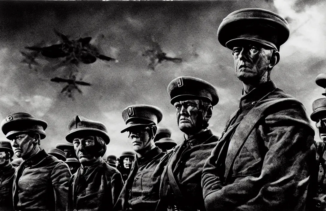 Image similar to general harangues the troops intact flawless ambrotype from 4 k criterion collection remastered cinematography gory horror film, ominous lighting, evil theme wow photo realistic postprocessing vision from alex gray psychological science fiction stars lingering above photograph by robert adams jan van der heyden