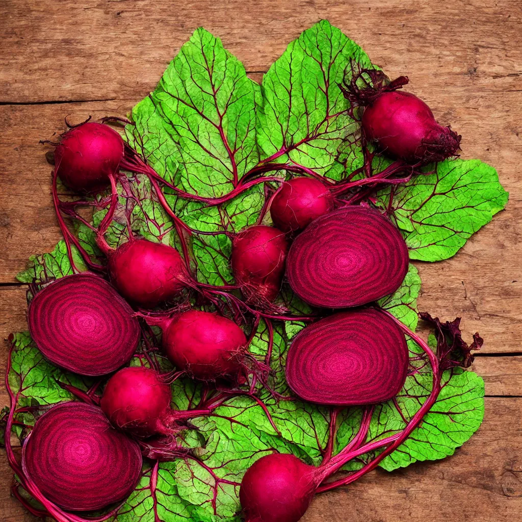 Image similar to embroidered beetroot with embroidered leaves and fractal roots, over vivid wood table, food photography. post - production : super detailed : masterpiece