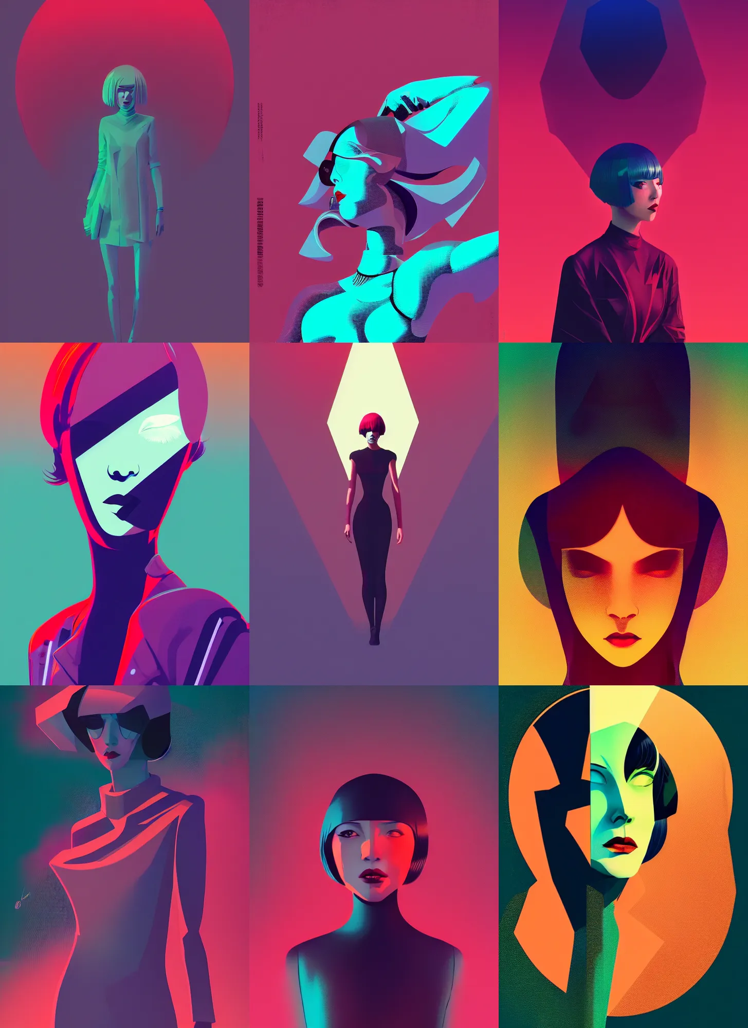 Prompt: ( ( dither ) ), portrait a woman like reol, modern art deco, dynamic pose, colorful, moody, mads berg, christopher balaskas, victo ngai, detailed, dynamic composition, wide angle, moebius, matte print, fog, dramatic lighting, halftone texture, risograph